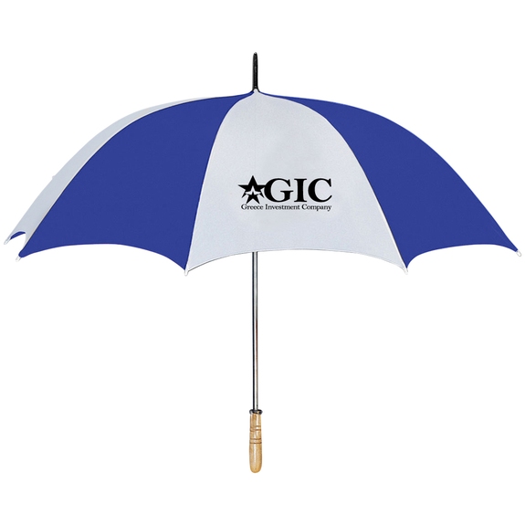 White / Blue Arc Custom Logo Golf Umbrella w/ Wood Handle - 60"