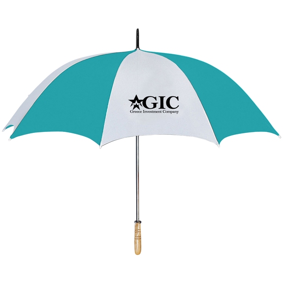 White / Teal Arc Custom Logo Golf Umbrella w/ Wood Handle - 60"
