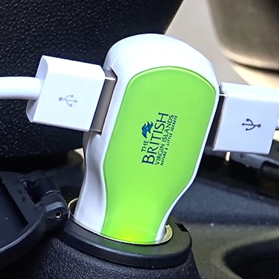 In Use - UL Listed Twin Port USB Custom Car Chargers