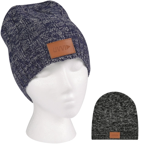In Use Heathered Knit Custom Beanie Cap w/ Leather Patch
