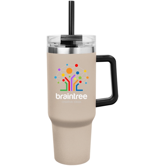 Beige Full Color Intrepid Stainless Steel Logo Tumbler w/ Handle - 40 oz.