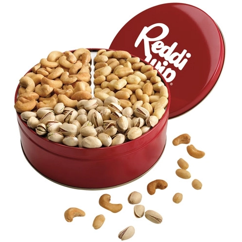 Red 3 Way Promotional Nuts in Custom Tin - 1.5 lb.