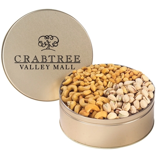 Gold 3 Way Promotional Nuts in Custom Tin - 1.5 lb.