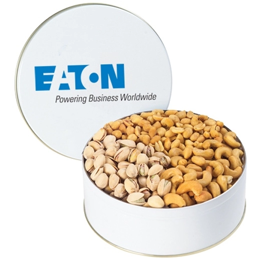 White 3 Way Promotional Nuts in Custom Tin - 1.5 lb.