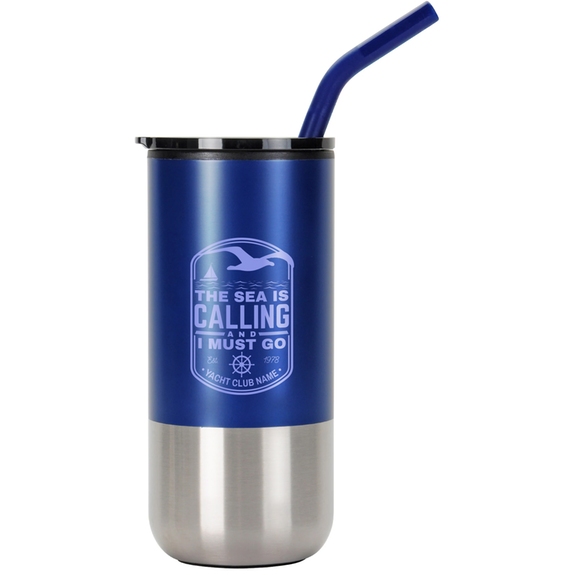 Blue Stainless Steel Promotional Tumbler w/ Straw - 16 oz.